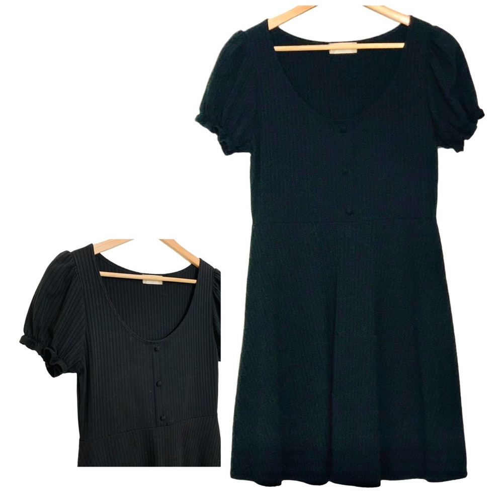 Altar’d State Black Ribbed Short Puff Sleeve Dress Size Medium Y2K Dark Romantic